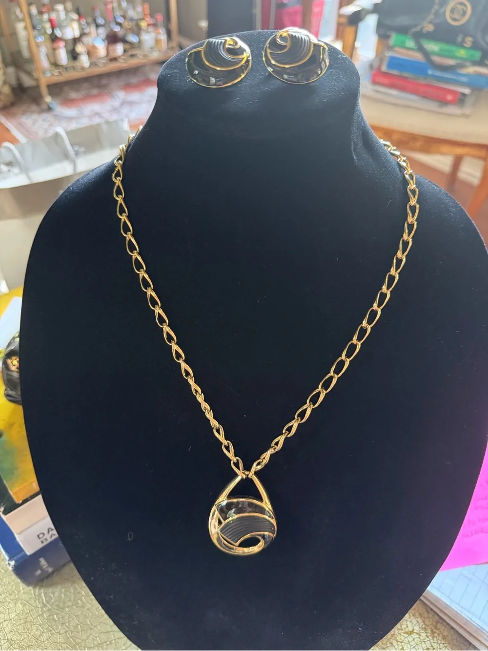 Vintage Trifari Gold Tone Necklace & Earrings with Black Enamel Swirl